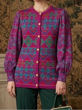 Umi Collections By Anne Crimmins Womens Purple Patterned Button-Front Cardigan